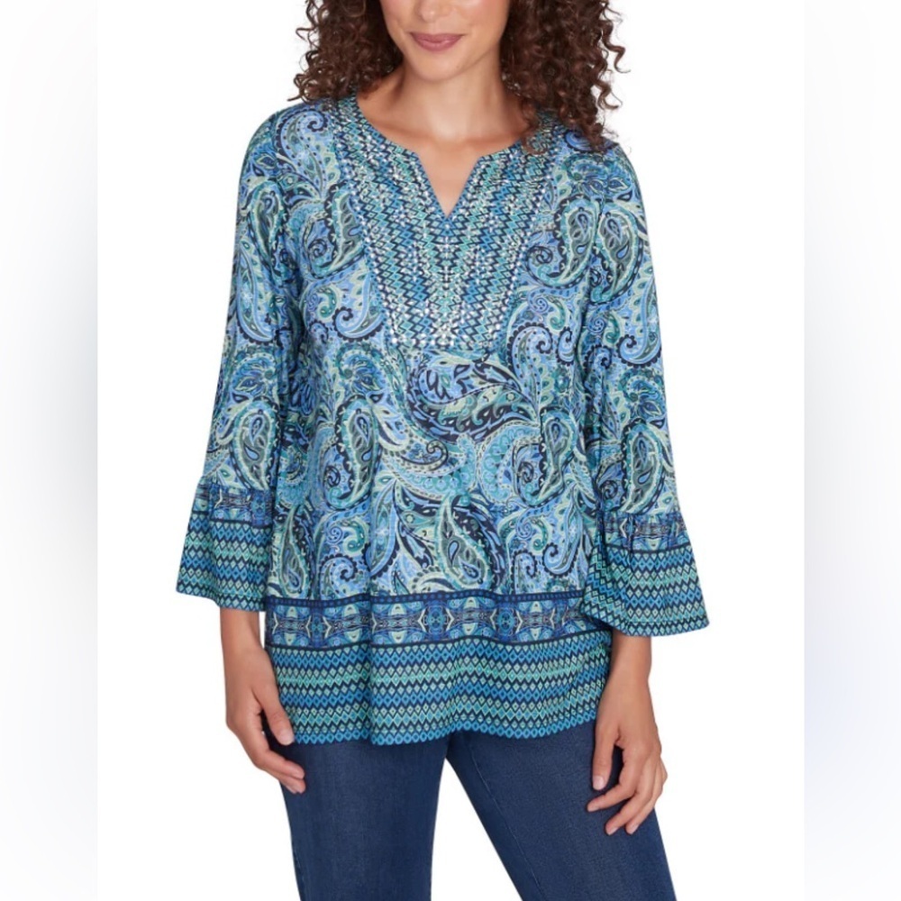 Ruby Rd. Paisley Boho Tunic Embellished split Neck Flounce 3/4 sleeves Small NEW